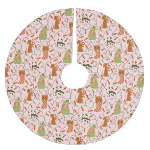 Festive Cat Dog Christmas Lights Pink Brushed Polyester Tree Skirt