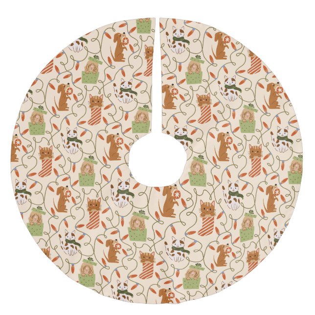 Festive Cat Dog Christmas Lights Yellow Brushed Polyester Tree Skirt (Front)