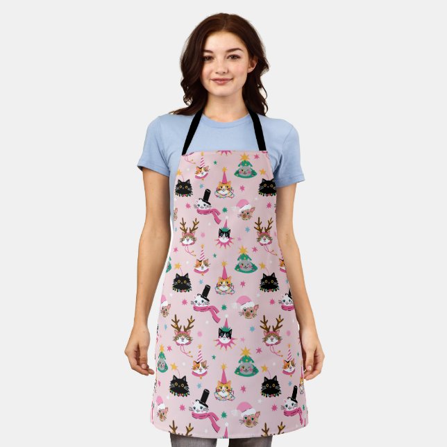 Festive Cat Faces in Holiday Hats Pattern Apron (Worn)