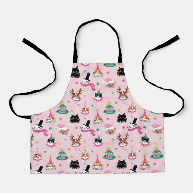 Festive Cat Faces in Holiday Hats Pattern Apron (Front)