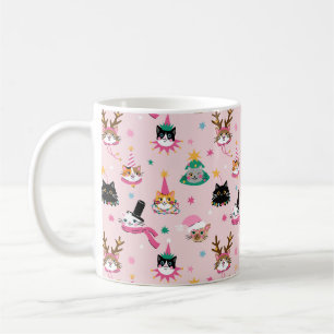 Festive Cat Faces in Holiday Hats Pattern Coffee Mug