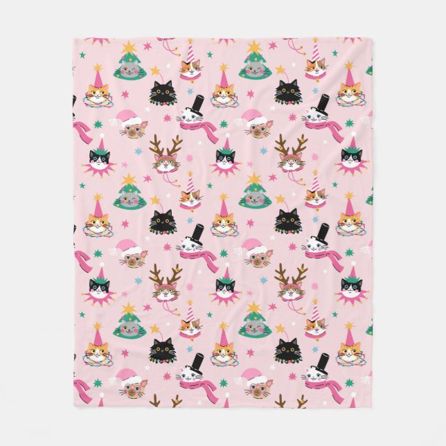 Festive Cat Faces in Holiday Hats Pattern Fleece Blanket (Front)