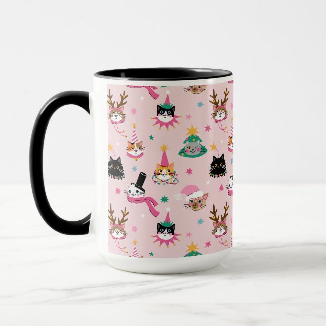 Festive Cat Faces in Holiday Hats Pattern Mug (Left)