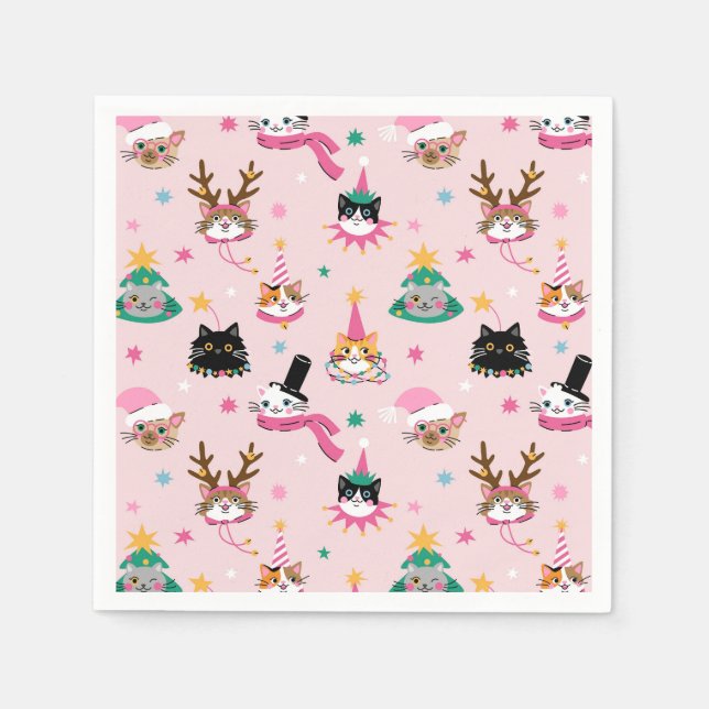 Festive Cat Faces in Holiday Hats Pattern Napkin (Front)