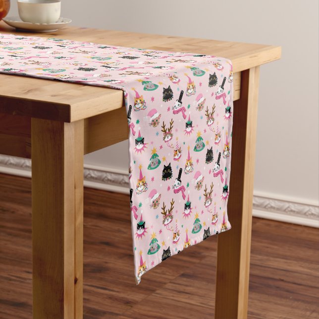 Festive Cat Faces in Holiday Hats Pattern Short Table Runner (In Situ)