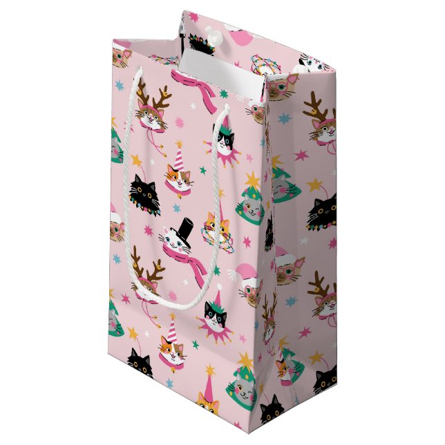 Festive Cat Faces in Holiday Hats Pattern Small Gift Bag (Front Angled)