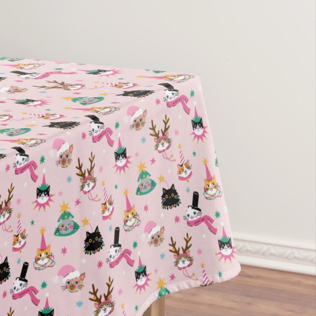 Festive Cat Faces in Holiday Hats Pattern Tablecloth (In Situ)
