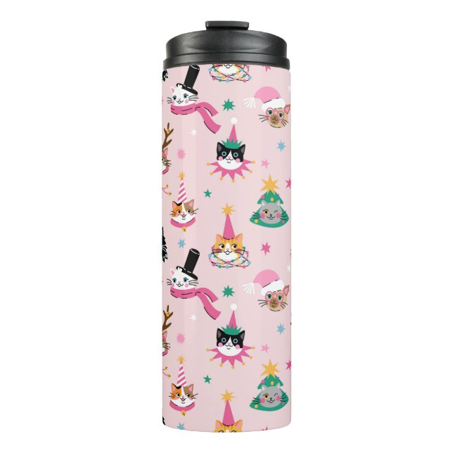 Festive Cat Faces in Holiday Hats Pattern Thermal Tumbler (Front)