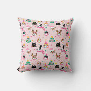 Festive Cat Faces in Holiday Hats Pattern Throw Pillow