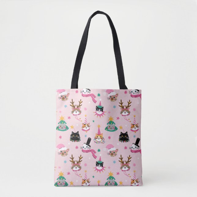 Festive Cat Faces in Holiday Hats Pattern Tote Bag (Front)