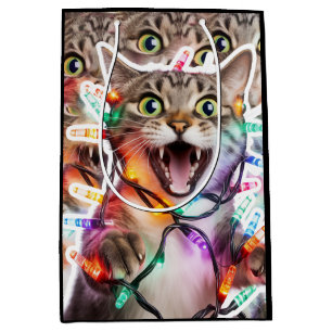 Festive Cat Gift Bag with Holiday Lights