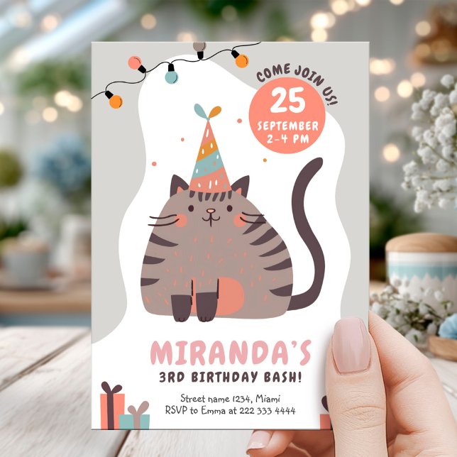 Festive Cat Hat Pastel Birthday Invitation (Creator Uploaded)