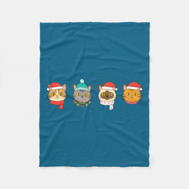 Festive Cat Lineup, Holiday Cat Art Cat Lovers, Ca Fleece Blanket (Front)