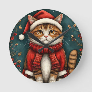 Festive Cat Wearing Santa Hat and Scarf Round Clock