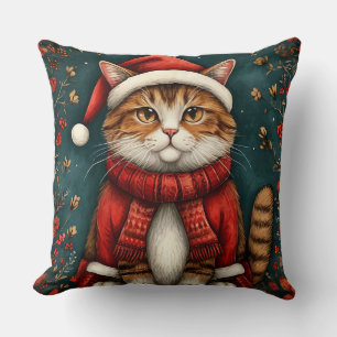Festive Cat Wearing Santa Hat and Scarf Throw Pillow