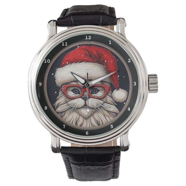 Festive Cat Wearing Santa Hat Watch (Front)