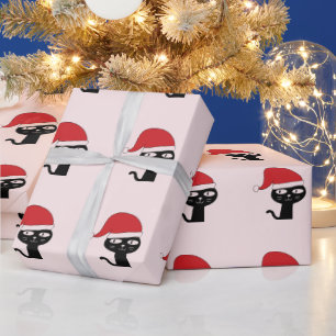 Festive Cat with a Red Santa Hat Modern Pattern Wrapping Paper