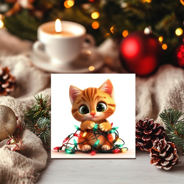 Festive Cat with Twinkling Lights Holiday Card (Creator Uploaded)