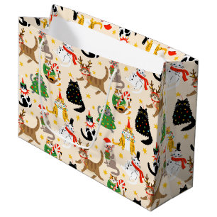 Festive Cats Christmas Pattern Large Gift Bag
