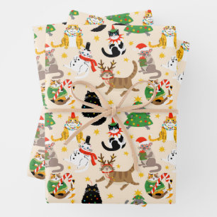 Festive Cats Christmas Pattern Wrapping Paper Sheet
