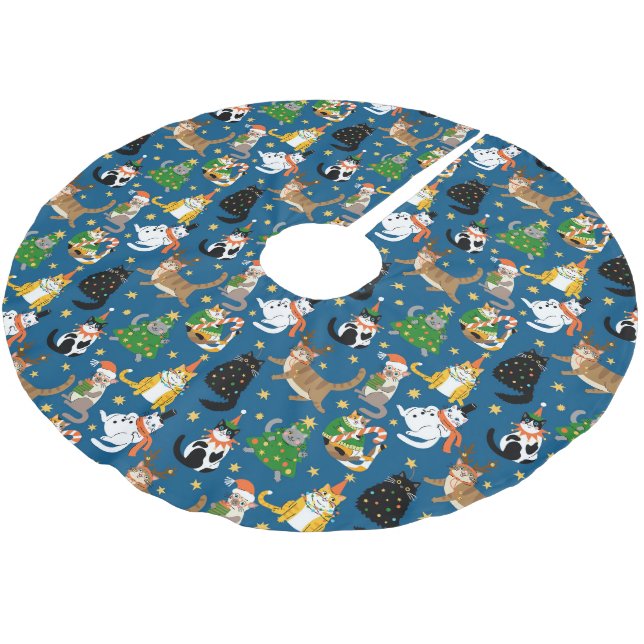 Festive Cats in Christmas Costumes Pattern Brushed Polyester Tree Skirt (Angled)