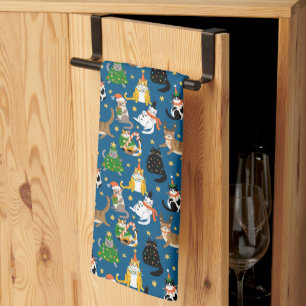 Festive Cats in Christmas Costumes Pattern Kitchen Towel