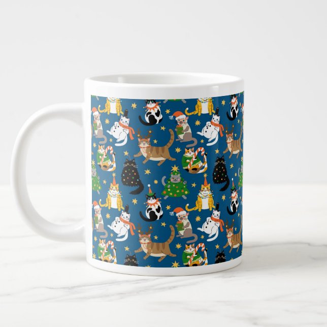 Festive Cats in Christmas Costumes Pattern Large Coffee Mug (Left)