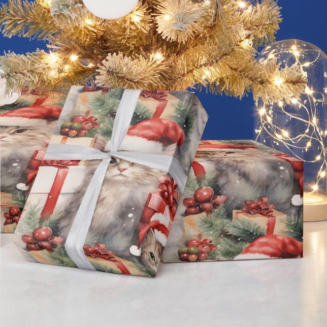 Festive cats in Santa hats and gifts Wrapping Paper (Holidays)