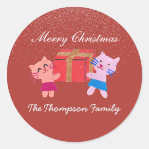 Festive cats with gift box red Christmas  Classic Round Sticker