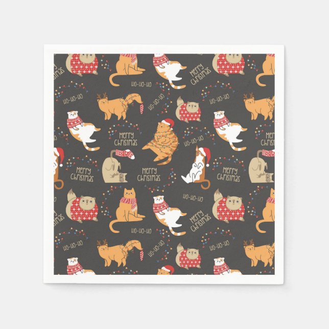Festive Cats with Lights Christmas Pattern Napkin (Front)
