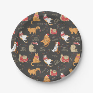 Festive Cats with Lights Christmas Pattern Paper Plate