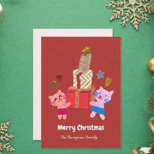 Festive cats with present terracotta Christmas Holiday Card