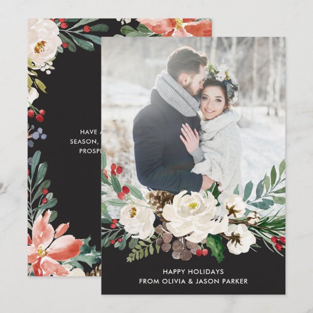 Festive Charcoal Floral | Christmas Photo Card (Front/Back)