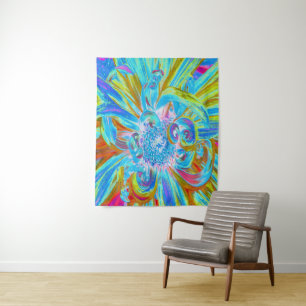 Festive Chartreuse and Blue Dahlia Flower Petals Tapestry