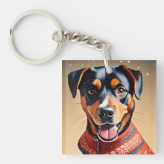 Festive Cheer: Cozy Rottweiler Mix in Red Sweater Keychain