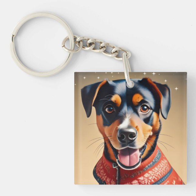 Festive Cheer: Cozy Rottweiler Mix in Red Sweater Keychain (Front)