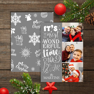 Festive Cheerful Grey Christmas 3 Photo Holiday Card
