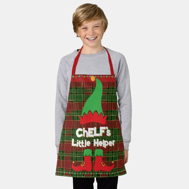 Festive Chef Elf Little Helper Red Green Tartan Apron (Worn)