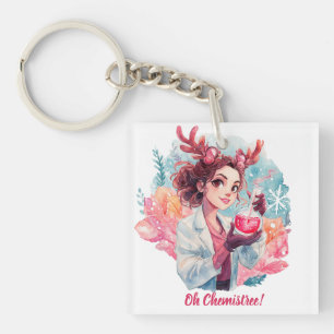 Festive Chemist Girl Watercolor Science Art Keychain