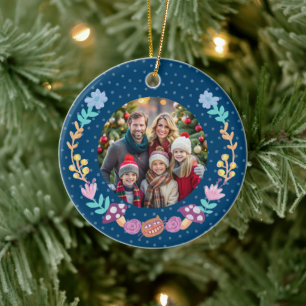 Festive Cheshire Cat Floral Wreath Navy Christmas Ceramic Ornament