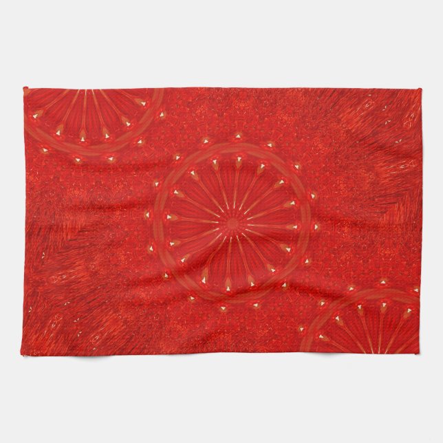 Festive Chic Bright Red Kaleidoscope Design Kitchen Towel (Horizontal)
