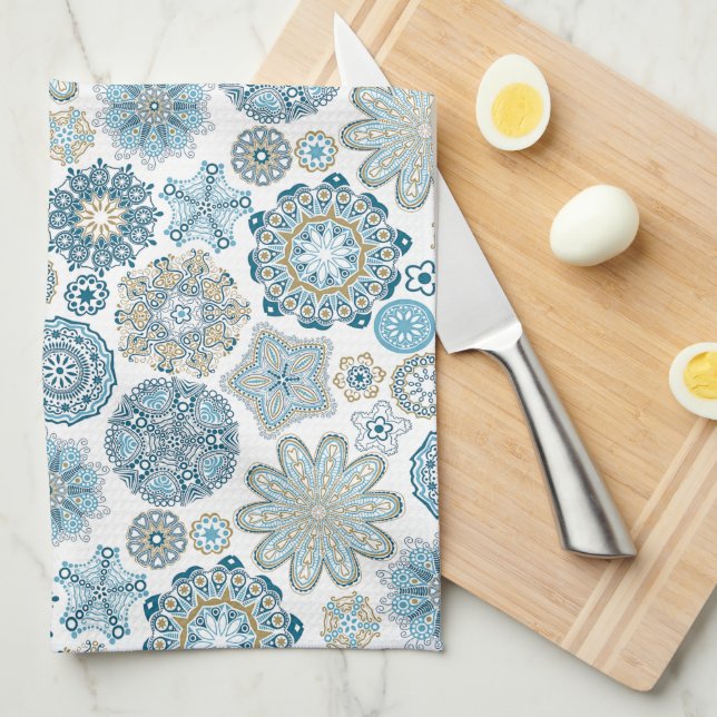 Festive Chic Floral Mandala Snow Flakes Pattern Kitchen Towel (Quarter Fold)