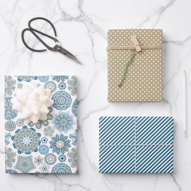 Festive Chic Floral Mandala Snow Flakes Pattern Wrapping Paper Sheet (Front)