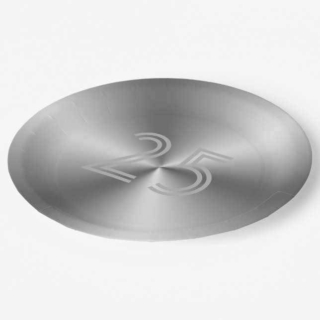 Festive Chic Silver Grey 25th Anniversary Paper Plate (Angled)
