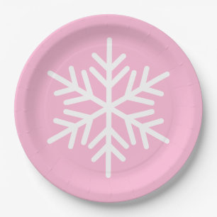 Festive Chic White Alpine Snowflake On Pastel Pink Paper Plate