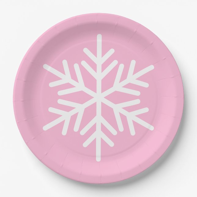 Festive Chic White Alpine Snowflake On Pastel Pink Paper Plate (Front)