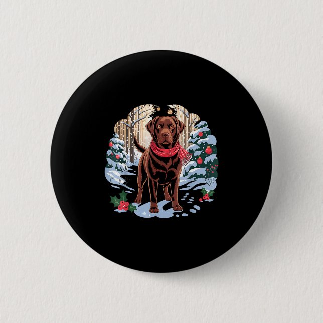Festive Chocolate Lab In Snowy Forest Winter Xmas  2 Inch Round Button (Front)