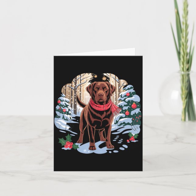 Festive Chocolate Lab In Snowy Forest Winter Xmas  Card (Front)