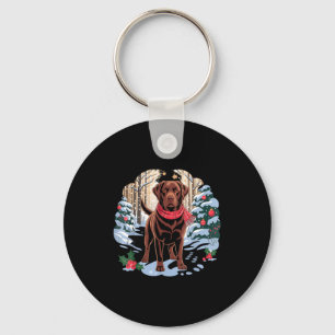 Festive Chocolate Lab In Snowy Forest Winter Xmas Keychain