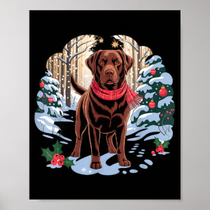 Festive Chocolate Lab In Snowy Forest Winter Xmas Poster